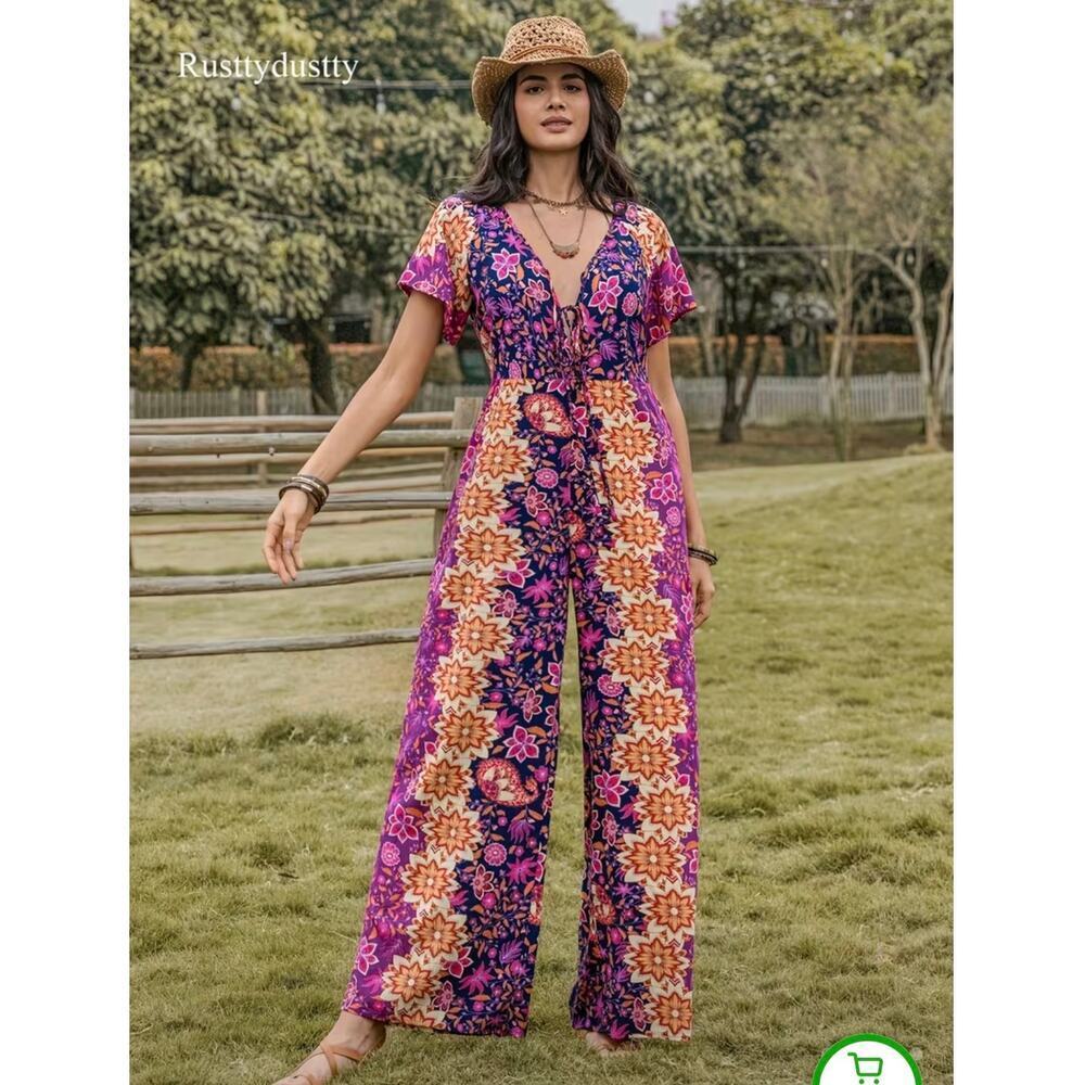NWOT SHEIN Curve V-Neck Bohemian Printed Wide Leg Jumpsuit, 1XL